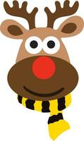 The Christmas reindeer in brown with a yellow scarf. Christmas time. Reindeer logo with red nose and antlers on white background. vector