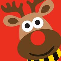 The smiling Christmas reindeer with yellow scarf. Christmas time. Reindeer logo with red nose and antlers on red background vector