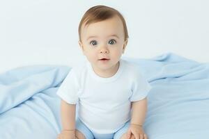 ai generado linda pequeño bebé chico sentado en el cama. bebé camiseta Bosquejo. foto