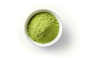 AI generated Matcha green tea powder in a bowl isolated on a white background. photo