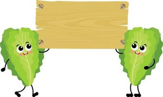 Two funny green lettuces holding an empty wooden board vector