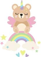 Funny teddy bear on magic rainbow vector