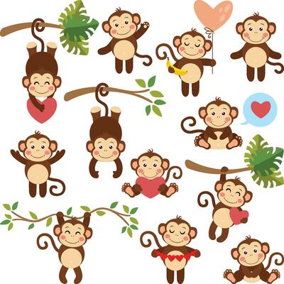Set of digital elements with lovely monkey