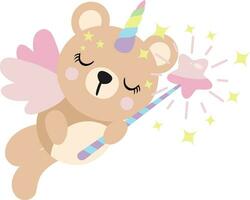 Unicorn teddy bear with wings holding a star magic wand vector