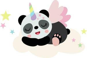 linda unicornio panda dormido en nube vector