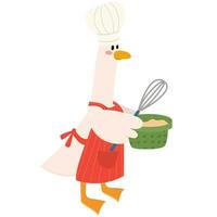 Cute goose in chef hat holding a whisk and bowl with dough.Cooking time.Used for greeting card, and poster design. vector