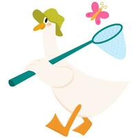 Cute goose in a panama hat with a butterfly net. Goose catching butterflies. Go outside. vector