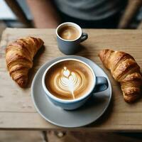 AI generated Coffee Elegance Cup on Wooden Table with Croissants photo