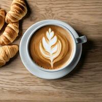 AI generated Latte and Croissants on Wooden Table photo