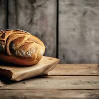 AI generated Artisanal Elegance Freshly Baked Bread on Rustic Wood photo