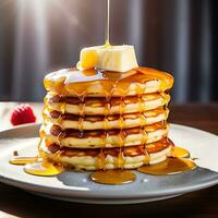 AI generated Fluffy pancakes syrup and butter photo