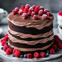 AI generated Gastronomic Bliss Rich Frosting Layers on Chocolate Cake photo