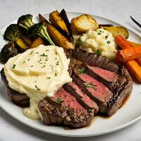 AI generated Cooked Steak with Roasted Veggies and Mashed Potatoes photo