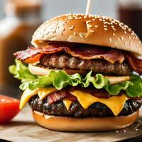 AI generated Gourmet Grilled Delight  Close Up of Juicy Bacon Burger photo