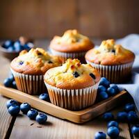 AI generated Freshly Baked Muffins on a Rustic Wooden Tray photo