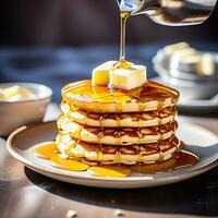 AI generated Pancakes with a drizzle of maple syrup photo