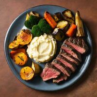 AI generated Succulent Steak Roasted Veggies and Creamy Mash photo