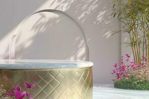 AI generated Abstact 3d render spring scene and Natural podium background, White stone podium on the colorful flowers and grass field backdrop three arch doors for product display. generative ai. photo
