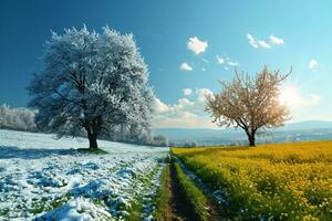 ai generado invierno y primavera paisaje con azul cielo. concepto de cambio estación. generativo ai foto