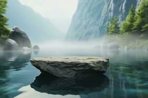 AI generated Stone pedestal display on surface of the lake, sky, mountains, forest, greenery in morning, fog, ozone, cool and shady weather. Nature zen concept ripple waves. podium of cosmetic. photo