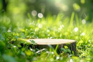 AI generated Round cut of a tree, a pedestal for an object, a podium for cosmetics. Summer sunshine, against the background of lush green grass.. High quality photo. generative ai. photo