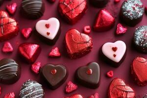 AI generated Valentines Day chocolate background. Red heart theme. Top down view. generative ai. photo