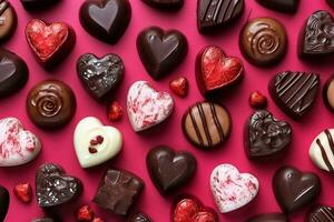 AI generated Valentines Day chocolate background. Red heart theme. Top down view. generative ai. photo