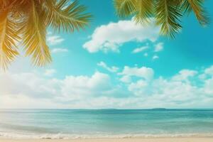 ai generado palma árbol en tropical playa con azul cielo y blanco nubes resumen antecedentes. Copiar espacio de verano vacaciones y negocio viaje concepto. Clásico tono filtrar efecto color estilo. foto