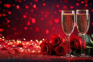 AI generated Valentines day background with champagne glasses and red roses. generative ai. photo