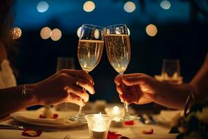 AI generated Romantic candlelight dinner for couple table setup at night. Man and Woman hold glass of Champaign. Concept for valentine's day or date. photo