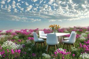 AI generated Abstract 3d render, Platform and Natural podium background, White table and chairs set on the flowers and grass filed backdrop blue sky and clouds for product display or etc. photo