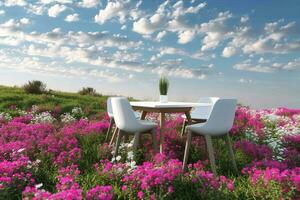 AI generated Abstract 3d render, Platform and Natural podium background, White table and chairs set on the flowers and grass filed backdrop blue sky and clouds for product display or etc. photo