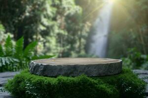 AI generated A round carved slab of wood lies on the branches of spruce, pine, a stand for an object, a podium for cosmetics. Beautiful bokeh of juicy greenery. High quality photo. generative ai. photo