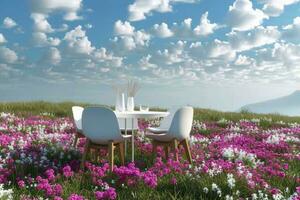 AI generated Abstract 3d render, Platform and Natural podium background, White table and chairs set on the flowers and grass filed backdrop blue sky and clouds for product display or etc. photo