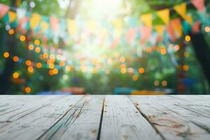 AI generated Empty wooden table with party in garden background blurred. generative ai. photo