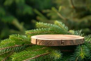 AI generated A round carved slab of wood lies on the branches of spruce, pine, a stand for an object, a podium for cosmetics. Beautiful bokeh of juicy greenery. photo