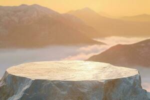 AI generated Stone podium table top with outdoor mountains golden color scene nature landscape at sunrise blur background.Natural beauty cosmetic or healthy product placement presentation. photo