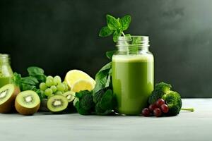 AI generated Glass jar mugs with green health smoothie, kale leaves, lime, apple, kiwi, grapes, banana, avocado, lettuce. Copy space. Raw, vegan, vegetarian, alkaline food concept. Banner. photo