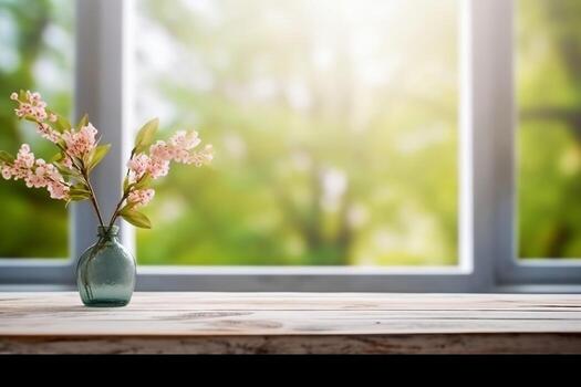 AI generated Table background of free space and spring window background. generative ai. photo