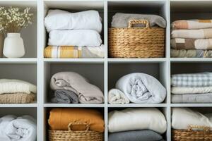 AI generated Bed linens closet neatly arrangement on shelves with copy space domestic textile Nordic minimalism comfortable storage. Rolled towels in straw basket duvet cover sheet pillow plaid. photo