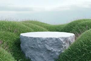 AI generated 3d render platform and Natural podium background on the mountain grass field, cloud and sky for product stand display advertising cosmetic beauty products or skincare. generative ai. photo