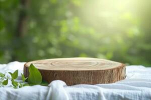 AI generated A round cut of a tree, a pedestal for an object, a podium for cosmetics on a white fabric. Summer sunshine, against the background of lush green leaves. High quality photo. generative ai. photo
