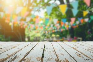 AI generated Empty wooden table with party in garden background blurred. generative ai. photo