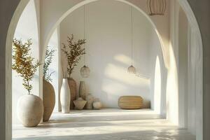 AI generated Modern bright minimalist interior blank wall in living room, arches, dry plants in vases. 3d render illustration mock up. generative ai photo