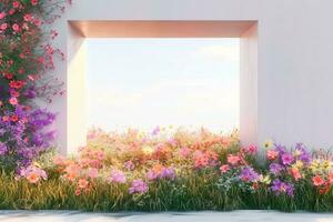 AI generated Spring floral installation scene with geometric arch form. 3d rendering. generative ai. photo