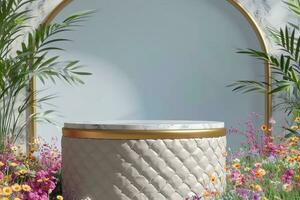AI generated Abstact 3d render spring scene and Natural podium background, White stone podium on the colorful flowers and grass field backdrop three arch doors for product display. generative ai. photo