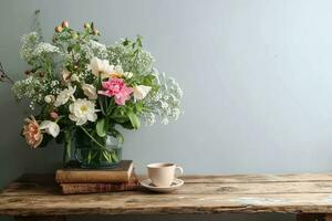 ai generado temperamental primavera todavía vida. de madera banco, mesa composición con taza de café, té y antiguo libros. hermosa floral ramo de flores con blanco, rosado tulipanes, narcisos generativo ai. foto