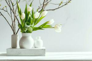 AI generated Empty white box and white tulips in a vase on a light background. Mockup banner, podium for display of advertise product. generative ai. photo