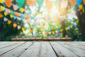 AI generated Empty wooden table with party in garden background blurred. generative ai. photo