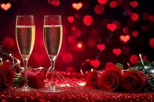 AI generated Valentines day background with champagne glasses and red roses. generative ai. photo